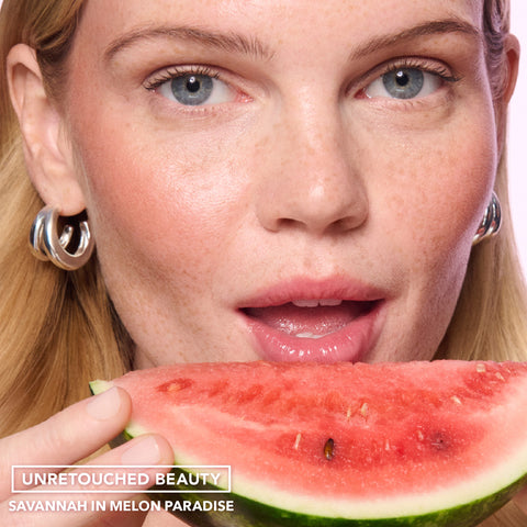 Sweet Treat Lip Oil in Melon Paradise – on model with watermelon